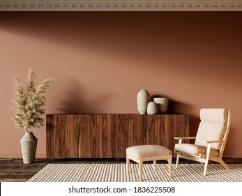 Terracotta Interior With Dresser, Lounge Chair And Decor. 3d Render Illustration Mock Up.