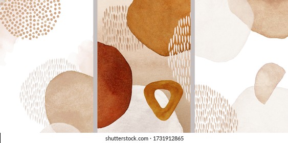 Terracotta, orange, beige, blush, pink, ivory watercolor Illustration and gold elements, on white background. Abstract modern print set. Logo. Wall art. Posters.
