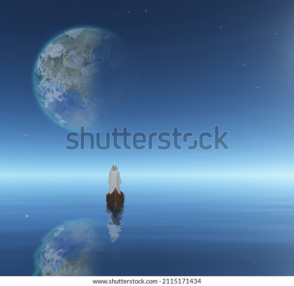Terraformed Luna. Figure in white cloak floats\
in a boat. 3D\
rendering