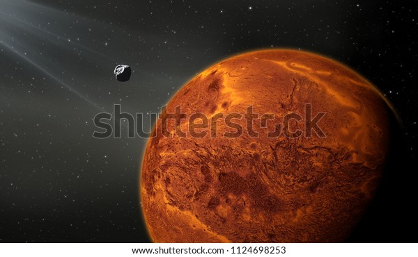 Terrestrial planet with moon, like a Mars\
planet. 3d\
illustration