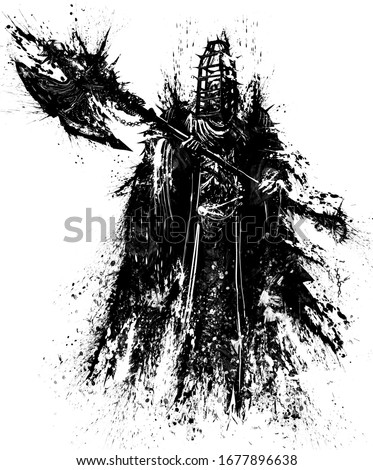 A terrible Ghost executioner, with a skull on his shoulders, imprisoned in a cage for torture, in his hands he has a huge axe hung with various junk, spikes, skulls, chains.2D illustration.
