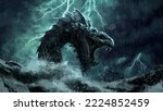 A terrible sea giant serpent attacks a Viking ship during a storm. 2d illustration