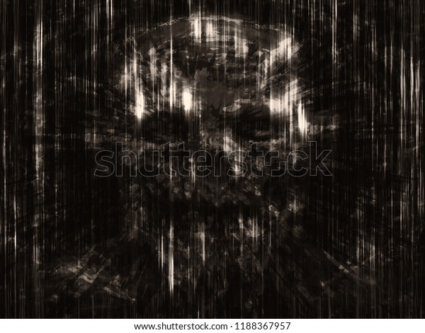 Terrible skull abstraction into\
small debris. Background in genre of horror. Scary character\
head.