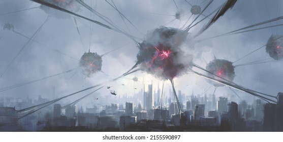 Terrifying alien virus has taken over the human city, 3D illustration.