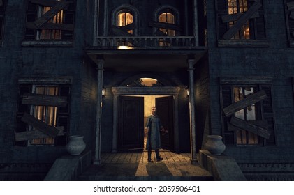 Terrifying bloody dark figure with bandages on his head stands in an illuminated portico in front of an open front door of a dilapidated and abandoned mansion at dusk. 3D render.
