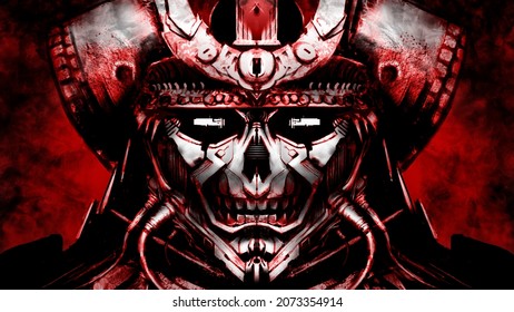 Terrifying cyber samurai in a hi-tech mask oni with wires and a black helmet, his eyes glow white in dark red smoke