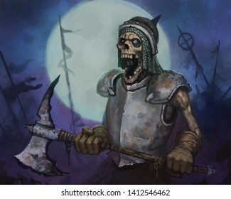 Terrifying skeleton warrior carrying an ax into battle in front of a large full moon - digital fantasy painting