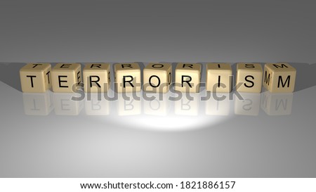 TERRORISM text of cubic dice letters on the floor and 3D icon on the wall, 3D illustration