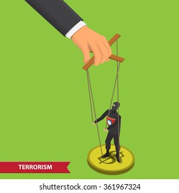 Terrorist Puppet On Ropes. Business Manipulate Behind The Scene Concept. Terrorist Marionette On Ropes Controlled Big Hand. People Manipulating Concept Isometric Illustration 