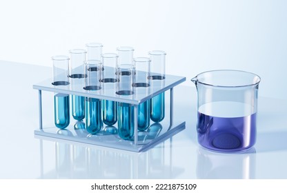 Test tubes and beaker in the lab, 3d rendering. Digital drawing.
