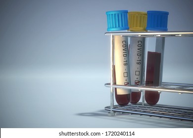 Test Tubes With Blood Sample For COVID-19 Test. Coronavirus Covid 19 Infected Blood Sample, Positive Result. 3d Render