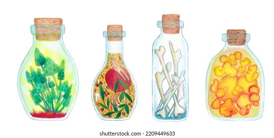 Test Tubes And Bottles Witch Magic Potions, Bones, Mushrooms, Plants. Isolated On White, Watercolor Illustration. Glass Witchy Bottles Isolated On White.