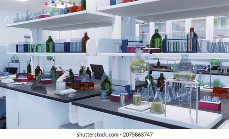 Test Tubes, Flasks And Other Laboratory Equipment On Workplace Tables And Shelves In Modern Scientific Research Lab. With No People Medical And Science Concept 3D Illustration From My 3D Rendering.