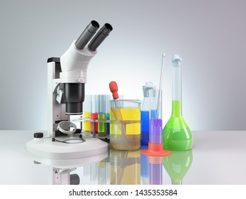 test tubes and flasks with reagents stand next to the microscope on the mirror floor 3d render