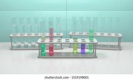Test tubes in a tripod. Background with depth of field. 3d render.