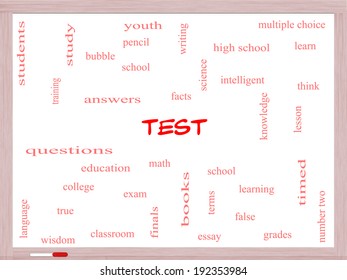 Test Word Cloud Concept on a Whiteboard with great terms such as exam, school, learning and more.