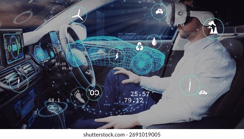 Tester wearing white shirt, VR headset analyzing holographic model and eco icons in car, copy space. Technology, innovation, futurism, sustainability, digital, automotive, virtual reality