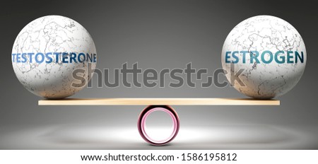Testosterone and estrogen in balance - pictured as balanced balls on scale that symbolize harmony and equity between Testosterone and estrogen that is good and beneficial., 3d illustration ストックフォト © 