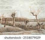 Tetards (Pollards) (1884) field landsape by Vincent Van Gogh. Vintage dried tree field with bright sky neo impressionism art drawing illustration, old field scenery painting art print by Van Gogh.