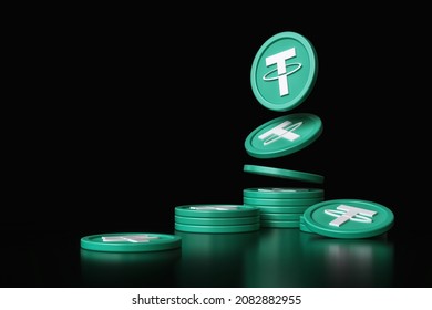 Tether Cryptocurrency Stable Coin Tokens In Motion Forming A Stack. Nice Wallpaper For Digital Trading Money Concepts. High Quality 3D Rendering.