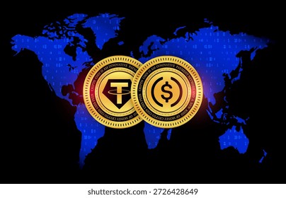 tether and usdc cryptocurrency logos drawings on digital background.