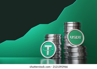 Tether Usdt stable coins stacked in front of an uptrend tendency line.  Design suitable for digital asset concepts. High quality 3D rendering.