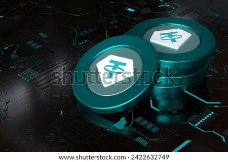 Tether Usdt stablecoin coin stack on a circuit board. Design suitable to illustrate cryptocurrency and asset exchange concepts. High quality 3D rendering.