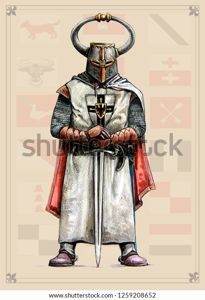 Teutonic knight illustration. Medieval knight with helmet. Crusader with sword.