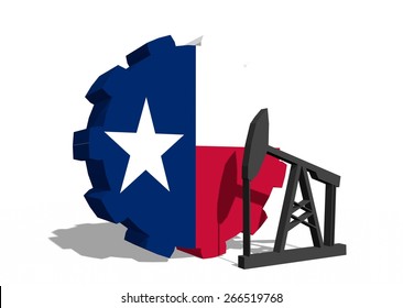 Texas Oil Industry, State Flag On Gear And Derrick Model Near