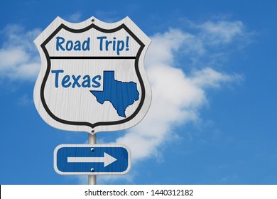 Texas Road Trip Highway Sign, Texas Map And Text Road Trip On A Highway Sign With Sky Background 3D Illustration