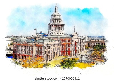 Texas State Capitol Building In Austin, USA, Watercolor Sketch Illustration.