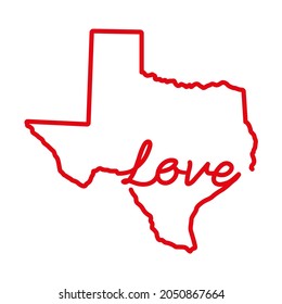 Texas US State Red Outline Map With The Handwritten LOVE Word. Continuous Line Drawing Of Patriotic Home Sign. A Love For A Small Homeland. Interior Decoration Idea. Illustration.