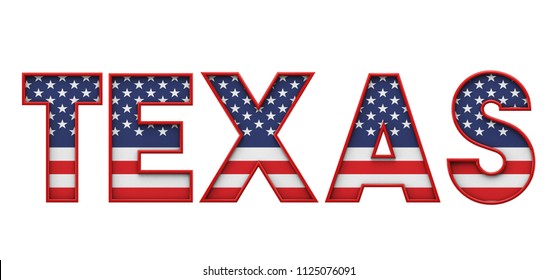 Texas USA state made from starts and stripes lettering. 3D Rendering