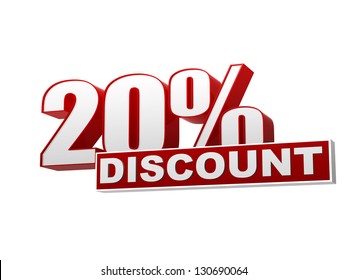 text 20 percentages discount 3d red white banner, letters and block, business concept