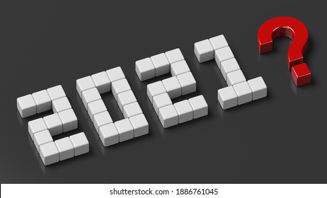 Text 2021 With Question From Cubes On A Dark Grey Background. What's Next For The Next Year? Realistic 3D Render.