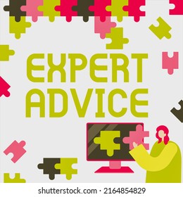 Text Caption Presenting Expert Advice. Internet Concept Sage Good Word Professional Opinion Extensive Skill Ace Lady Holding Puzzle Piece Representing Innovative Problem Solving Ideas.