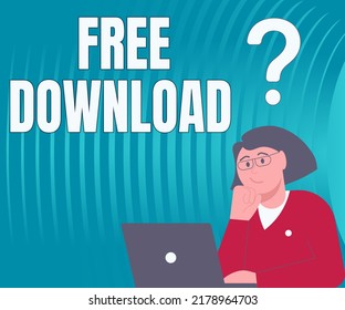 Text caption presenting Free Download. Internet Concept Key in Transfigure Initialize Freebies Wireless Images Lady Drawing Brainstorming New Solutions Surrounded With Question Marks