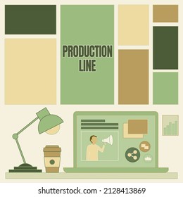 Text Caption Presenting Production Line. Business Showcase Set Of Sequential Operations Established In A Factory Laptop On A Table Beside Coffee Mug And Desk Lamp Showing Work Process.