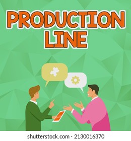 Text caption presenting Production Line. Conceptual photo set of sequential operations established in a factory Two Men Colleagues Standing Sharing Thoughts Together With Speech Bubbles