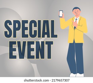 Text Caption Presenting Special Event. Conceptual Photo Function To Generate Money For Non Profit A Crowded Occassion Man Holding Screen Of Mobile Phone Showing The Futuristic Technology.