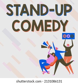 Text Caption Presenting Stand Up Comedy. Business Overview A Comic Style Where A Comedian Recites Humorous Stories Woman Drawing Sitting Holding Megaphone Making Announcement.