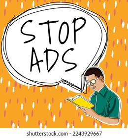 Text caption presenting Stop Ads. Business showcase program that will remove different kinds of advertising from Web