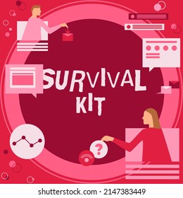 Text Caption Presenting Survival Kit. Business Idea Emergency Equipment Collection Of Items To Help Someone Colleagues Having Online Meeting Discussing Future Project Plans.