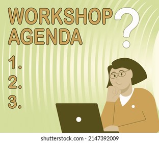 Text caption presenting Workshop Agenda. Business concept helps you to ensure that your place stays on schedule Lady Drawing Brainstorming New Solutions Surrounded With Question Marks