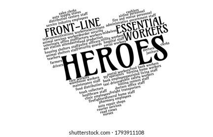 Text cloud in the shape of a heart naming essential workers and praising the front line heroes during the Coronavirus pandemic