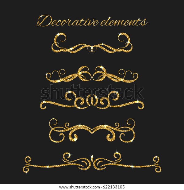 Text dividers set with gold. Ornamental\
decorative elements. ornate design. Golden flourishes. Shiny\
decorative hand drawn borders with glitter effect. Calligraphic\
decorations with\
sparkles.