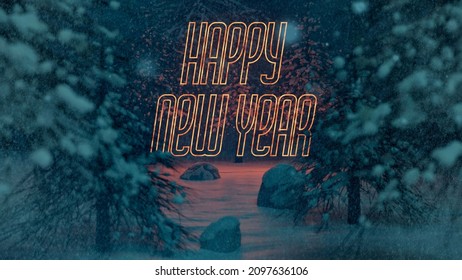 the text of a Happy New Year in a snowy forest. 3D render - Powered by Shutterstock