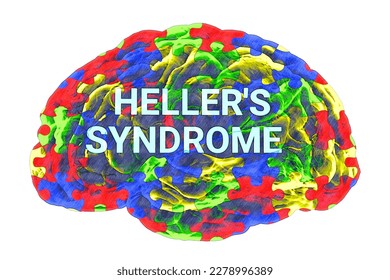 Text Heller's syndrome inside the model of a human brain, with a colorful puzzle pattern on its surface, emphasizing the neurological basis and the diversity of the autism spectrum, 3D illustration