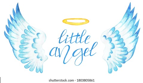 Text little angel with wings and a halo in blue tones. Valentine's Day. Isolated on white background. Drawn by hand. Watercolor.