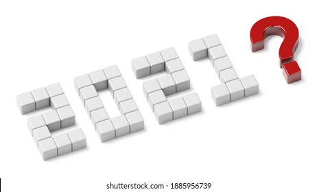 Text Made From Red And White Chamfer Cubes On A Isolated White Background. What's Next For The Next Year? Text: 2021? Realistic 3D Render.